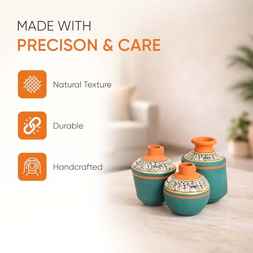 Image of Aakriti Art Creations Terracotta Vases Set of 3 | Handmade Blue Warli Art Flower Vases Oasis Earthy Accents | Matte Finish Decorative Vases for Artificial Plants Home Decor & Gifting