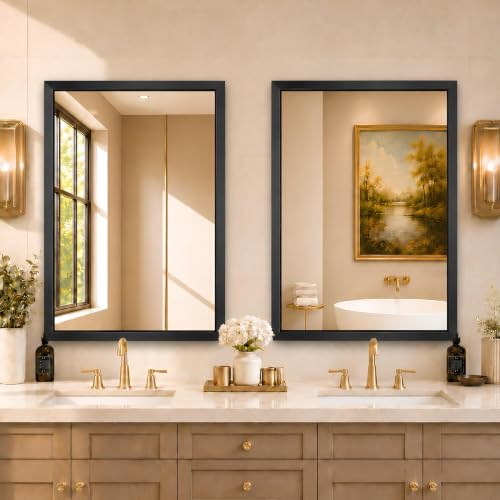 Image of USHOWER 2 Pack 30x40 Inch Brushed Black Bathroom Mirror for Over Sink | Beveled Aluminum Frame Vanity Mirror, Anti-Rust, HD Reflection, Shatter-Proof Protection, Modern Rectangle Mirror