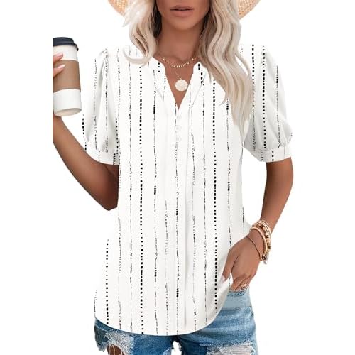 Kistore Women's Short Sleeve Tops Dressy Casual Business Work Blouses V Neck Chiffon Top Office Shirts Medium B White Black Printed