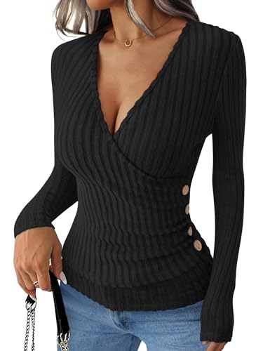 ANRABESS Long Sleeve Shirts for Women Sexy Sweater V Neck Ribbed Knit Slim Fit Wrap Top 2025 Fall Casual Fashion Clothes Black Medium