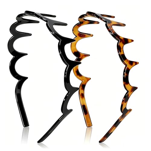 MHWTS Zigzag Headbands for Women, 2 Pack Non-Slip U-Shaped Zig Zag Headbands with Teeth, Fashion Accessories for Slicked Back Styles, Comb Headband for Everyday Styling & Workout - Black and Tortoise
