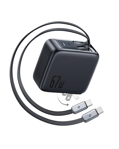 Baseus Enercore CJ21 67W USB C Charger, 3 in 1 Fast Charging Block with 2 Retractable Cable & Foldable Plug, PD/PPS for Galaxy S25/iPhone 17/16/15 Series/MacBook Air/Airpods 4