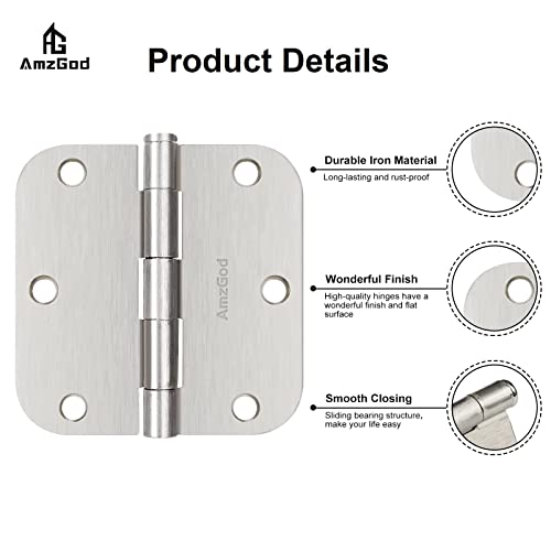 Amzgod Door Hinges Brushed Nickel - 54 Pack Nickel Door Hinges 3.5 Inch Rounded Interior Satin Nickel Door Hinges With 5/8" Radius - Flat Iron Residential Standard 3 1/2 Inches Silver Door Hardware #TOP5