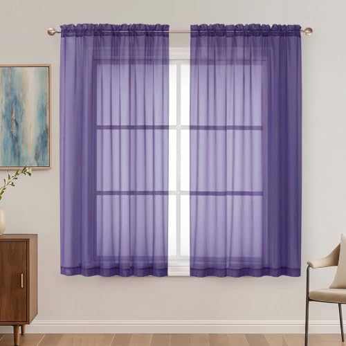 Image of Purple Sheer Curtains 63 Inches Long 2 Panels Set, Light Filtering Sheer Curtains for Living Room Bedroom 59 Inch Extra Wide, Modern Voile Filmy Rod Pocket Window Drapes, 59Wx63L Inches