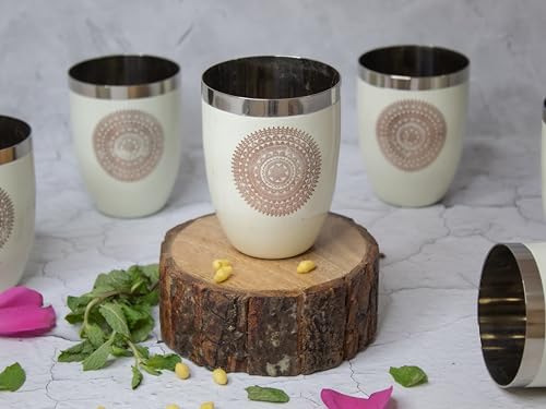 Image of JISCOVERY Stainless Steel Printed Glasses Set of 6 for Water, Milk, Lassi & Juice| Serving Glass Set| Designer Glass Tumblers| Capacity- 300 ML (Each) (Beige, Round)