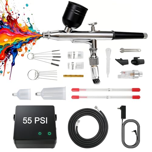Kit d'aérographe avec compresseur 55 psi à débit réglable et 3 buses fluides - 2