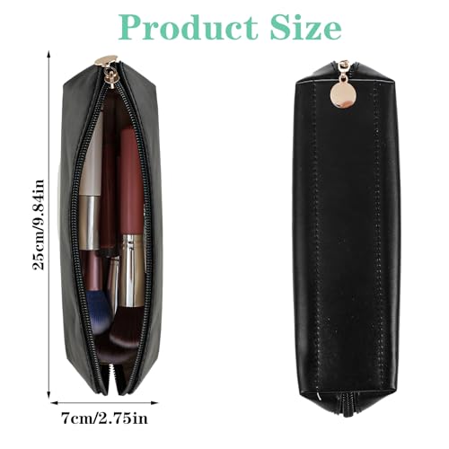 Image of Small Pencil Case, Waterproof Leather Pen Bag, Portable Aesthetic Pencil Pouch Cute Organizer Bag with Zipper for Pen Pencils Markers Office Supplies Makeup Brush(Black)