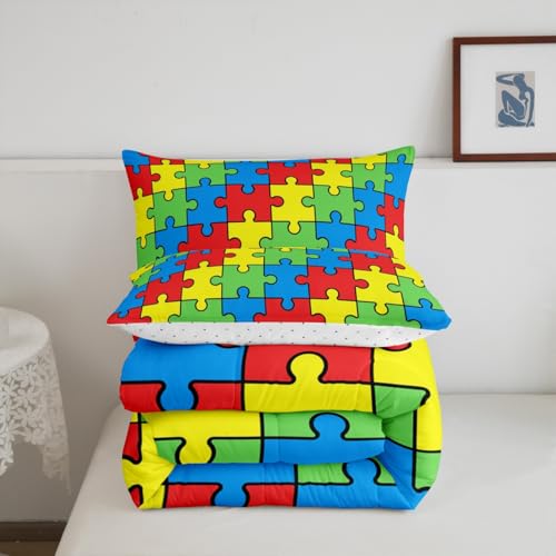 Image of Feelyou Funny Colorful Blocks Kids Bedding Set Boys Girls Abstract Geometric Comforter Set Queen Size Game Pieces Fractal Hobby Duvet Insert Bright Multicolor Room Decor