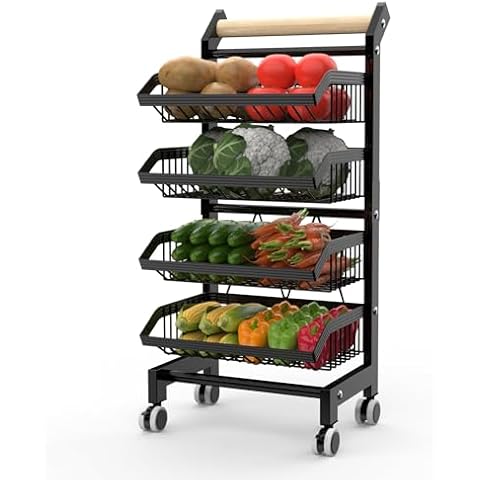 Yawinhe Kitchen Snack Cart with Wheels, 4-Tier Adjustable Metal Wire Fruit Vegetable Basket Rack, Storage Cart Rolling Pantry Utility Kitchen Cart, Black Cover