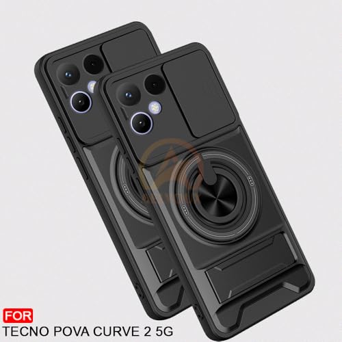 Image of Tecno Pova Curve 2 Back Cover | Armor Camera Slider 360 Degree Rotating Finger Ring Holder Case with Bracket Stand Back Case Cover (Compatible with MagSafe Accessories) (Black)