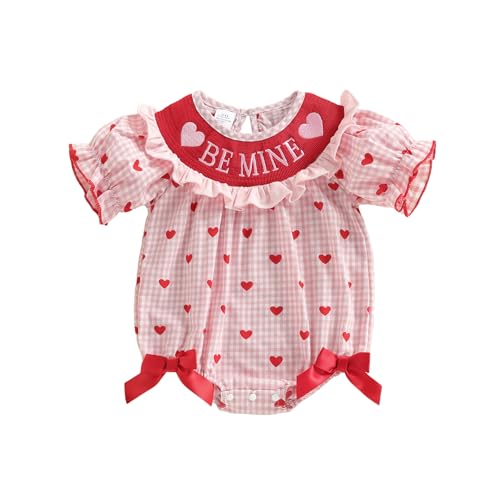 ZIXILOVGIR Baby Girl Valentines Day Outfit Love Heart Ruffle Bubble Romper Short Sleeve Plaid Jumpsuit Cute Smocked Clothes (Be Mine-Pink 3-6 Months)