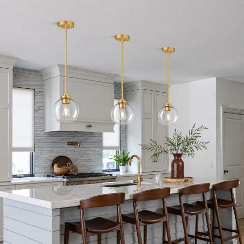 Image of 1 Pack Gold Globe Pendant Lights, Mid Century Gold Pendant Light Fixtures, Globe Pendant Lights Kitchen Island with Clear Glass Shade Adjustable Hanging Fixture for Dining Room (Bulbs not Included)