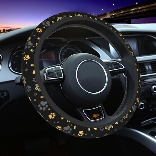 Puppy Paw Dog Paw Print Grey Gold Steering Wheel Cover Car Accessories Cute for Women Girls Girly Universal 15 Inch Neoprene Auto Interior Decor Anti Slip Car Truck Protector