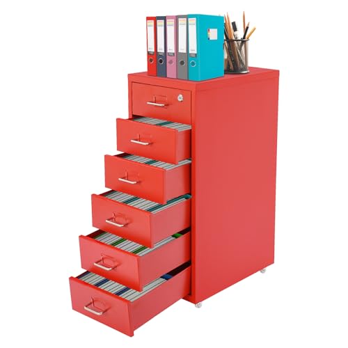 HZOPUTLH 6 Drawer Vertical File Cabinet with Lock, Freestanding Filing Metal Drawers Organizer with 4 Wheels, Movable Under Desk Cabinet Vertical File Storage for Home Office (Red)