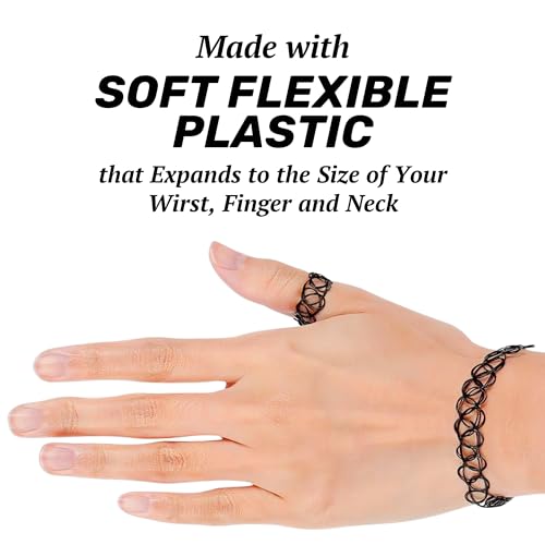 BodyJ4You 3PC Tattoo Choker Set Necklace Bracelet Ring - 90s Necklace 2000s Y2K Fashion Vintage - Stretchy Elastic Neck Lace Women's - Gothic Black Multicolor Rainbow - Classic Fashion Trend4