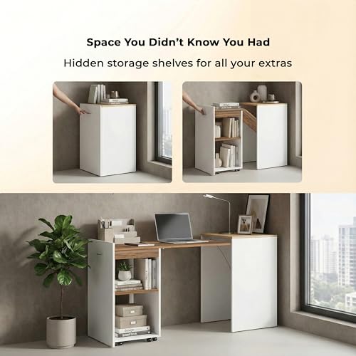 Image of Klaxon Foldable Study Table with Drawer & Storage Shelf | Compact Desk for Home & Students | Folding Design with Lockable Wheels. (Black, DIY Installation) (Oak & White, Neo)