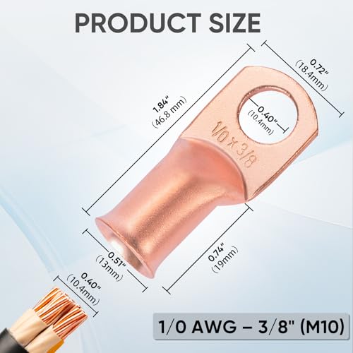 ticonn 10pcs 10 awg -3834 m10 battery cable ends heavy duty copper battery lugs ring terminals wire lugs connectors with 31 heat shrink tubing for distribution box golf carts solar panels