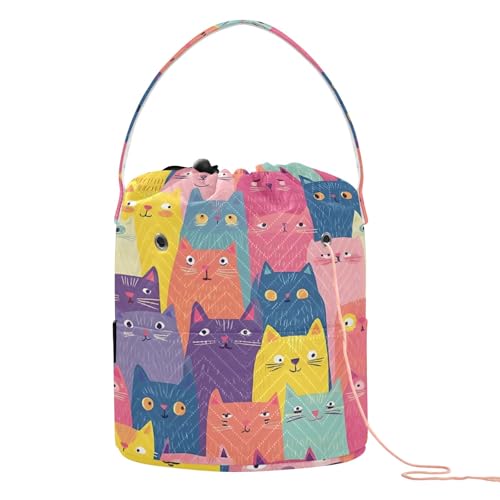 Image of Yarn Storage Bag Small Crochet Bag Knitting Bag Organizer Colorful Cute Cats Yarn Bags for Crocheting Basket