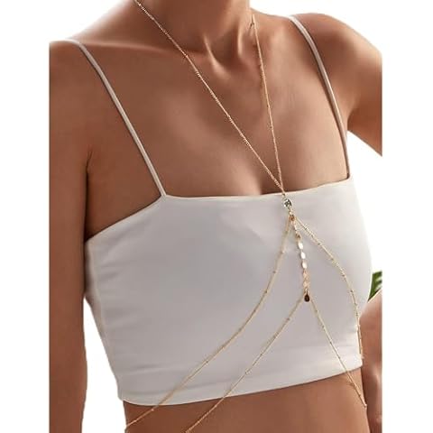 Atentuyi Layered Sequins Body Chain Bralette Bikini Beach Harness Waist Body Jewelry Bohemian Bra Cage Gold Chain Cover