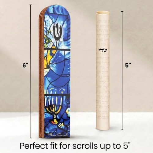 Image of SURI Wooden Mezuzah with Printed Scroll for Door - 5 Inch Chagall Inspired Blue Jewish Door mezuzah Cover, Self-Stick Adhesive, Fits a 4 Inch Scroll, Gift Box Included