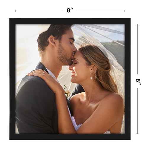 Image of Americanflat 8x8 Picture Frame with Shatter-Resistant Glass - Streamline Collection - Thin Border Square Frame for Tabletop and Wall Display - Hanging Hardware and Easel Stand Included - Black