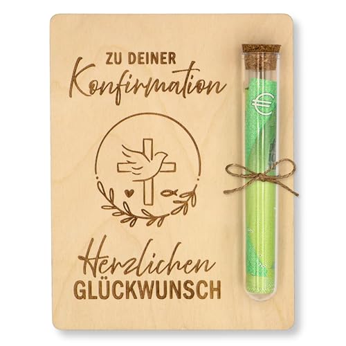 ZUKLA Verpackung für Geldgeschenke Konfirmation - 13 x 10 cm - mit Reagenzglas - Geschenk für Jungen & Mädchen - Geldgeschenk Verpackung aus Holz