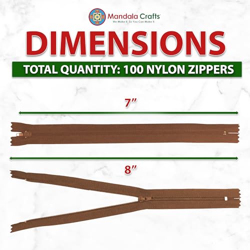 Image of Mandala Crafts 100 PCs Brown Closed-End 7 Inches Nylon Zippers for Sewing
