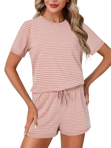 Image of LYANER Pajama Set for Women 2 Piece Lounge Set Striped Crew neck Short Sleeve Tops and Shorts Soft Sleepwear