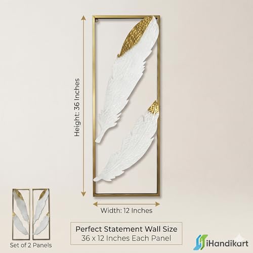Image of iHandikart Metal Wall Art for Living Room, Set of 2 Feather Wall Decor Panels, Modern Luxury Iron Wall Sculpture, Gold White Wall Hanging for Home Decor, Bedroom, Hallway & Office, 36 * 12 inch Each