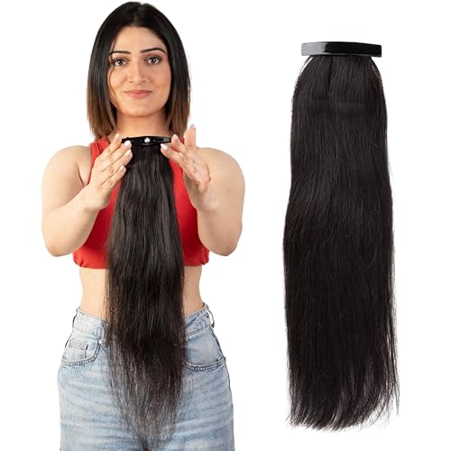 Image of Capilus Flat Clip-In Ponytail Hair Extensions (Black, 24 Inch) | 100% Natural Human Hair | Changeable Clip | Instant Volume & Length | Original Human Hair Ponytail Extension for Women