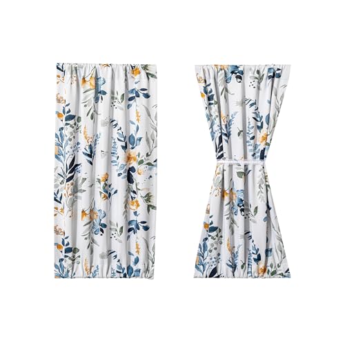 Image of MYSKY HOME Floral French Door Curtains 40 inch Long Set of 2 - Blackout Privacy Sidelight Door Window Drapes with Rod Pocket, Yellow and Blue, 24 inch W Each Panel