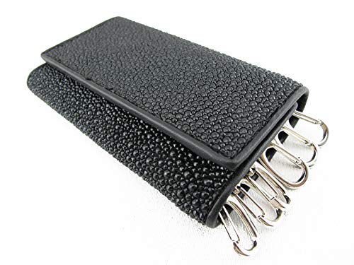 Pelgio Genuine Stingray Skin LeatherKeychain Key Holder Trifold Wallet Black (All Black)