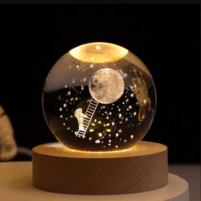 Image of 3D Astronaut Crystal Ball Night Lamp, Solar System Astronaut Crystal Ball Night Light, USB Table Colorful Led Wooden Crystel Ball for Home, Office, Birthday Gift (Astronaut)