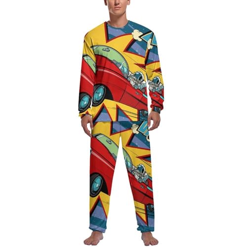 Pyjama homme manche longue pour éviter le froid nocturne avec haut et bas imprimé voiture rouge