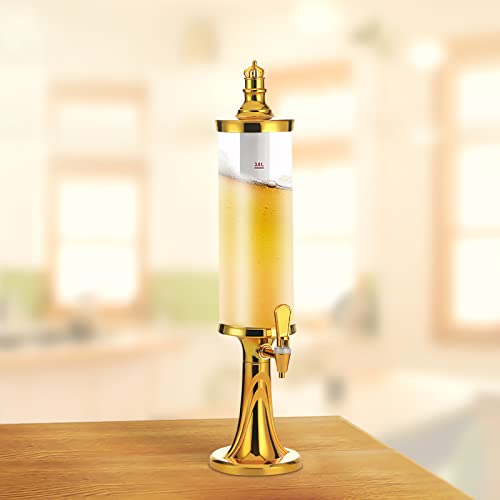 3L Beer Tower Beverage Dispenser with LED Colorful Shinning Lights and Ice Tube, Clear Fashionable Drink Dispenser for Home, Bar, Party (Gold)