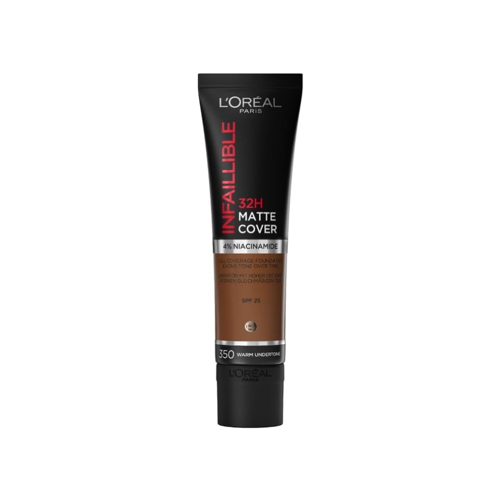 L'Oreal Paris Cover Liquid Foundation, With 4% Niacinamide, Long Lasting, Natural Finish, Available in 20 Shades, SPF 25, Infallible 32H Matte Cover, Shade 350, 30ml