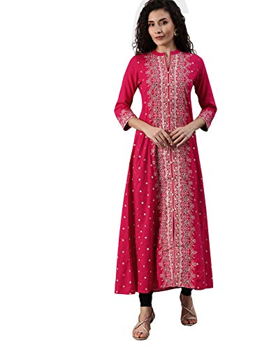 Image of ishin Women's Cotton Regular Fit Anarkali Embellished Beads and Stones Floral Print Kurti