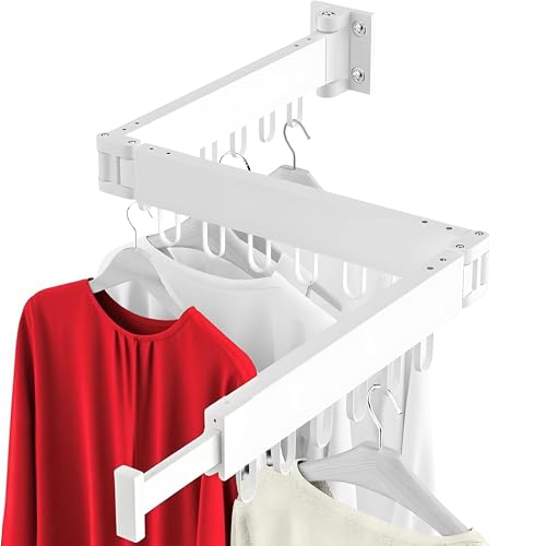 Clothes Drying Rack, Foldable Laundry Drying Rack Wall Mounted, Heavy Duty Space Saving Wall Clothing Rack, Collapsible (Tri-Fold), Retractable Rack Outdoor Indoor with Hooks, White