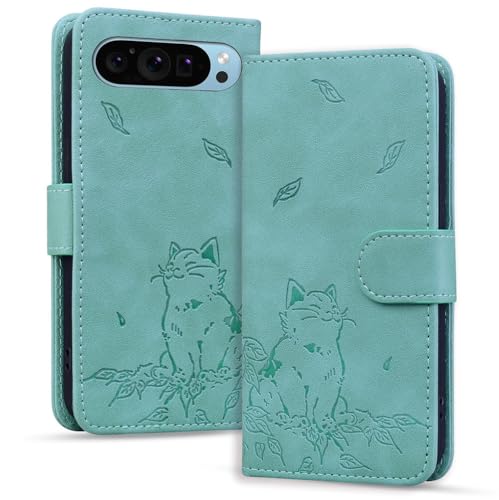 Étui Google Pixel 8A vert housse portefeuille en cuir motif chat
