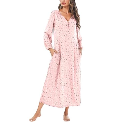 Marvmys Womens Cotton Long Sleeve Nightgown Long Sleepshirts Full Length Henley Sleep Dress with Pockets Pink Floral Small