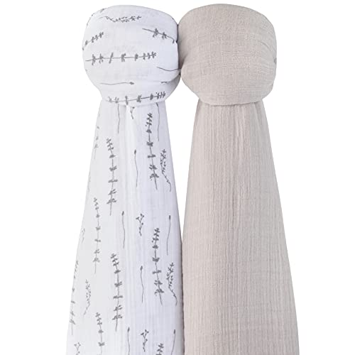 Image of Ely's & Co. Muslin Swaddle Blanket 2-Pack - 100% Cotton Muslin Extra-Large Swaddle Blankets (47 inch x 47 inch) Solid + Printed (Forest Grey Delicate Leaves + Solid Pebble Grey)