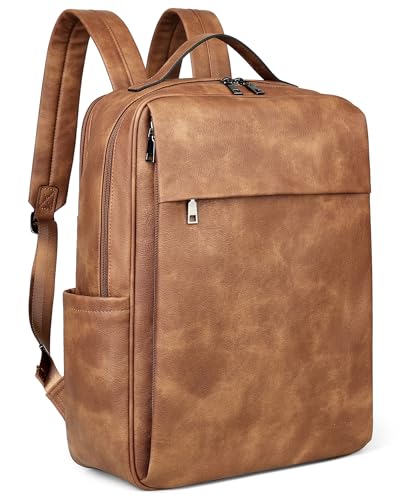 MASINTOR 15.6 inch PU Leather Laptop Backpack Purse for Women, Large College Casual Backpack Travel Bag Mocha Brown
