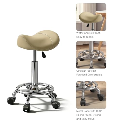 Image of Saddle Stool with Ring Pedal, Adjustable Hydraulic Rolling Chair with Wheels for Medical, Massage, Salon, Spa, Kitchen, and Drafting Use