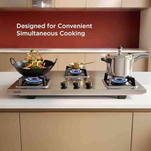Image of Glen 3 Burner Stainless Steel LPG Gas Stove | Ultra Tuff Body | 10 Year Warranty on Burners & Gas Valve | 1 Jumbo Forged Brass Burner | Manual Ignition | 360 Revolving Inlet Nozzle | 1053UTTNDTSS