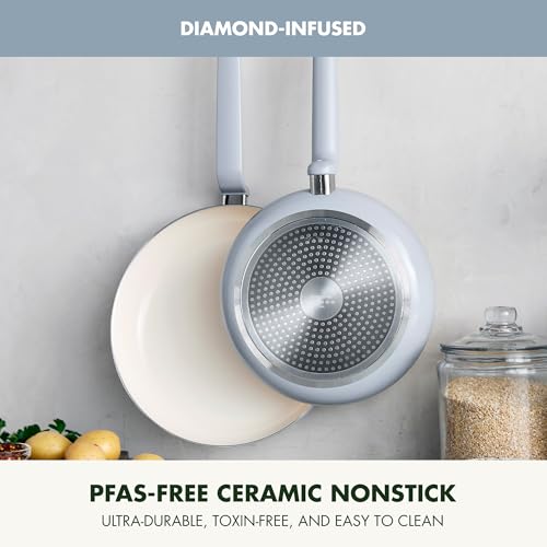 Image of GreenPan Rio Advanced 10 inch and 12 inch Frying Pan Skillet Set, Ceramic Nonstick PFAS-Free Pans, Induction Ready, Dishwasher and Oven Safe, Blue