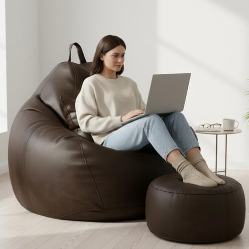 Image of KAM'S LIEU 5XL Bean Bag Combo with Footrest & Cushion | Filled with High Density EPS Beans | Comfortable Sofa for Living Room & Bedroom | 6 Months Warranty, Color- (Brown, 5XL, Classic)