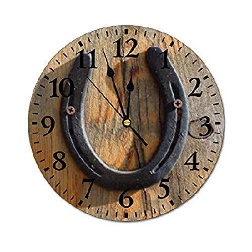 351 Ronde Pendule Murale Western Good Luck Horseshoe - Fer À Cheval Imprimé Horloge Murale sans Tic-Tac Horloge Silencieuse Cuisine Horloge pour Salon Maison...