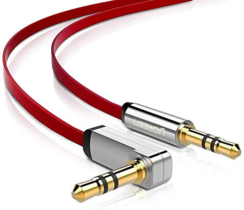 UGREEN 3.5mm Audio Cable, Stereo Aux Jack to Jack Cable 90 Degree Right Angle Auxiliary Cord Compatible for Beats, iPhone, iPod, iPad, Tablets, Speakers, 24K Gold Plated Male to Male Red (10FT)