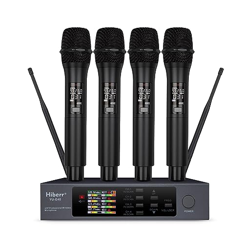 Hiberr Wireless Microphone System, 4 Channels 4x50 Adjustable UHF Handheld Wireless Microphone Metal Shell for Church, Party, Singing, Speech YU-E40 cordless microphone
