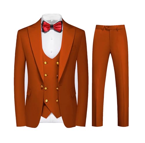 MOGU Mens Suits Gold Buttons 3 Piece Slim Fit Tuxedo Suit Set Blazer Vest Pants for Wedding Prom2